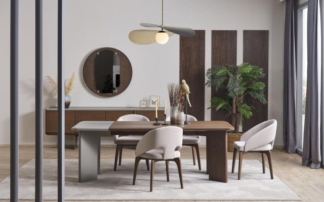 Große Esszimmer Garnitur Designer Esstisch 4x Stühle Sideboard Spiegel