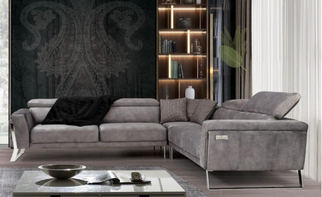 Graues Wohnzimmer Ecksofa L-Form Couch Großes Stoffsofa Luxus Möbel Neu