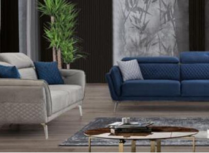 Designer Polster Couchgarnitur Blau-Graue Stoffsofas Luxus 2x 3-Sitzer