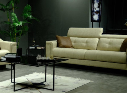 Beiger Wohnzimmer Dreisitzer Leder 3-Sitzer Polster Couch Holzgestell