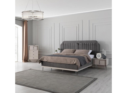 Graue Schlafzimmer Einrichtung Designer Textilbett 2x Holz Nachttische