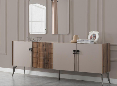 Moderne Beige Garnitur Luxus Sideboard 2x Spiegel Holzmöbel Anrichte