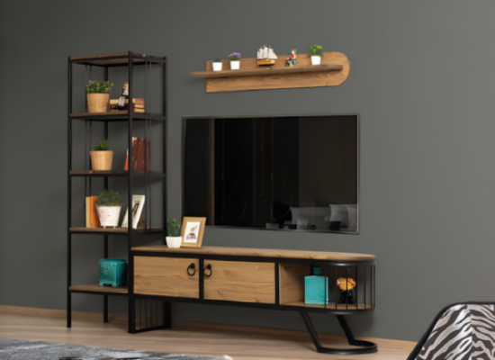 Wohnzimmer TV Ständer Bücherregal RTV Lowboard Holz Braun Set 3tlg