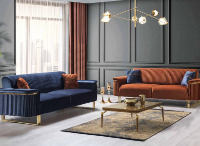 Blau-Oranges Wohnzimmer Sofa-Set Designer Stoffsofas Moderne Möbel 2tlg