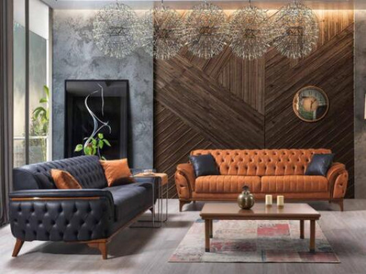 Chesterfield Sofas Designer Wohnzimmer Garnitur Polster 2x Textilsofas