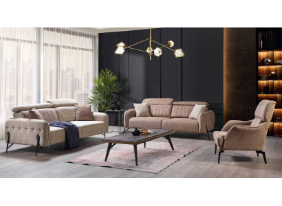 Beige Wohnzimmer Sofagarnitur Designer 2x Stoffsessel 3-Sitzer 3tlg.