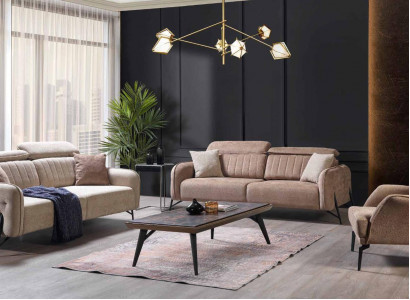 Beige Wohnzimmer Sofagarnitur Designer 2x Stoffsessel 3-Sitzer 3tlg.