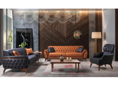 Schwarz-Orange Chesterfield Sofagarnitur Wohnzimmer Couchen Sessel 4tlg