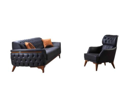 Schwarze Chesterfield Designer Garnitur Luxus Ledersofa Designer Sessel