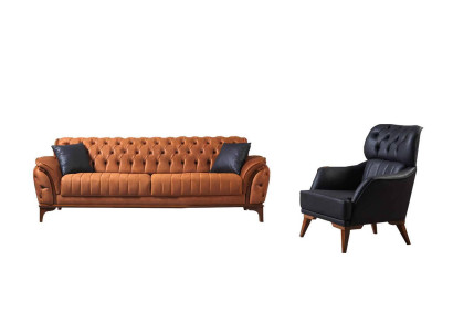 Orange-Schwarze Chesterfield Garnitur Luxuriöser Dreisitzer Sessel 2tlg