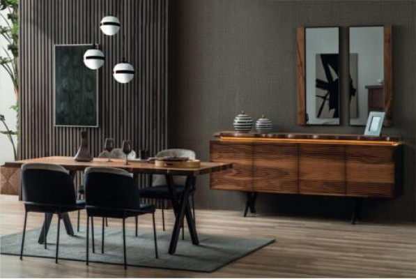 Komplette Braun-Schwarze Essgruppe Designer Holz Esstisch Polsterstühle