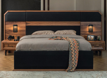 Braun-Schwarze Holz Schlafzimmer Garnitur Doppelbett 2x Nachttische 3tlg