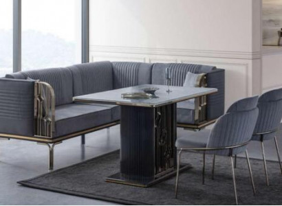 Exklusives Graues Esszimmer Set Luxus Edelstahl Tisch 2x Textil Stühle