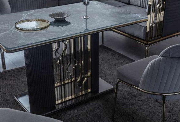 Exklusives Graues Esszimmer Set Luxus Edelstahl Tisch 2x Textil Stühle