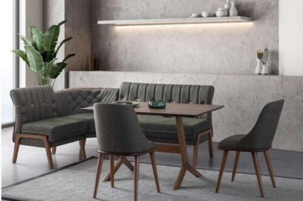 Graue Esszimmer Garnitur Holz Esstisch 2x Textilstühle Eckbank 4tlg Set