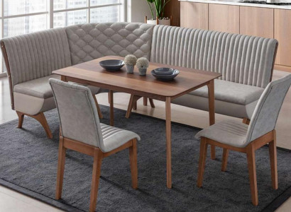 Designer Hellgraue Esszimmer Garnitur Polster Eckbank 2x Stühle Esstisch