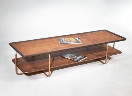 Brauner Wohnzimmer Holz Couchtisch Edelstahlfüße Eleganter Sofatisch