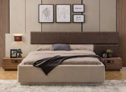Exklusive Schlafzimmer Garnitur Designer Beiges Bett Braune Nachttische