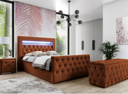 Chesterfield Schlafzimmer Set Textilbett 2x Holz Nachttische Hocker