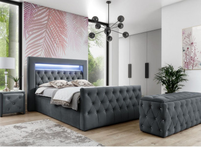 Chesterfield Graues Schlafzimmer Set LED-Polsterbett Holz Nachttische