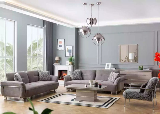 Sofa 3 Sitzer Textil Wohnzimmer Design Modern Neu Luxus weiß grau