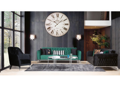 Modernes Wohnzimmer Set 2 weiche Chesterfield Sofas + moderner schwarzer Sessel