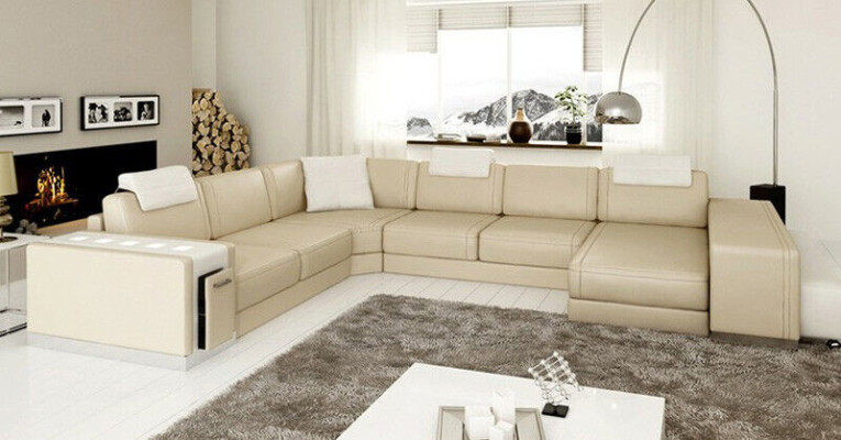 Ecksofa Sofa Wohnlandschaft U Form Polster Couch Ledersofa Hocker
