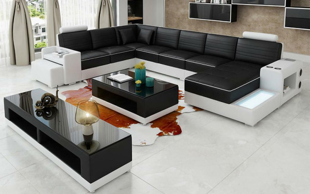 Ecksofa U-Form Sideboard Couchtisch Couch Design Schwarz Polster Leder Modern