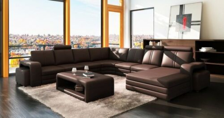 Ecksofa U-Form + 2x Hocker + Couchtisch Couch Design Grau Polster Leder