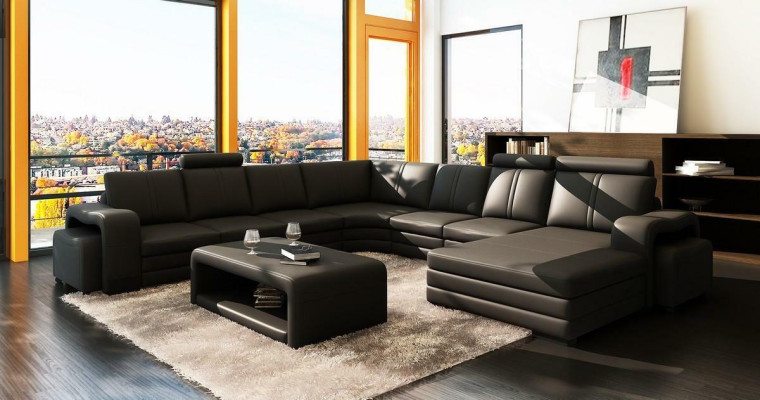 Ecksofa U-Form + 2x Hocker + Couchtisch Couch Design Grau Polster Leder
