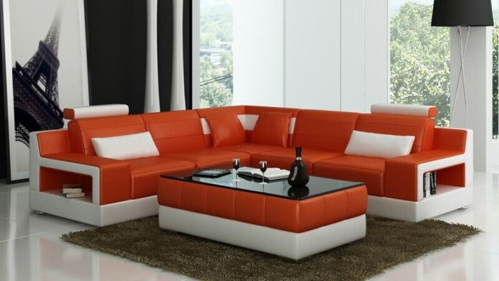 Designer Garnitur Sofa Couch Ecksofa mit Hocker Wohnlandschaft Polster