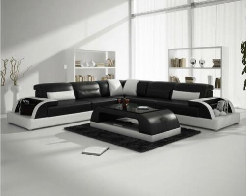 Ecksofa L-Form + Couchtisch Sofa Couch Design Grau Polster Leder