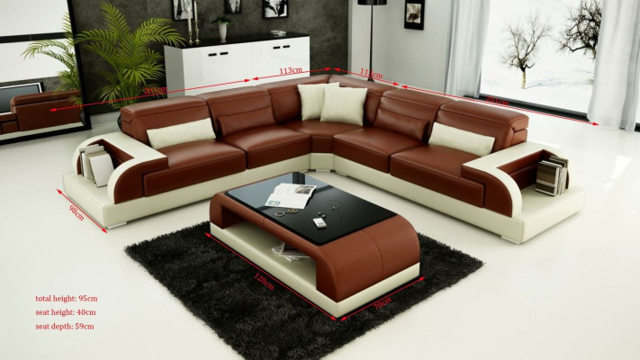 Ecksofa L-Form + Couchtisch Sofa Couch Design Grau Polster Leder