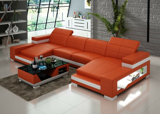 Ecksofa Sofa Wohnlandschaft U Form Polster Couch Ledersofa Orange