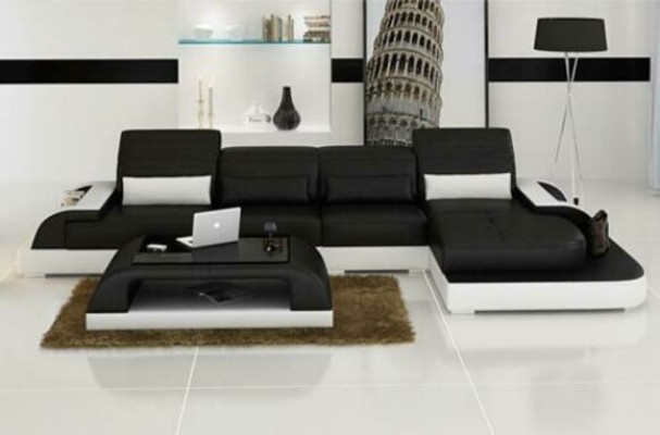 Wohnlandschaft Ecksofa Ledersofa Eck Couch Sofa mit Regal Polster Led