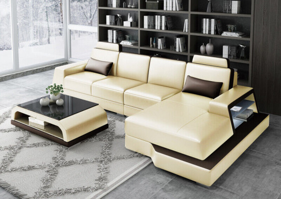 Ecksofa Sofa Wohnlandschaft L Form Polster Couch Ledersofa Beige Sofas