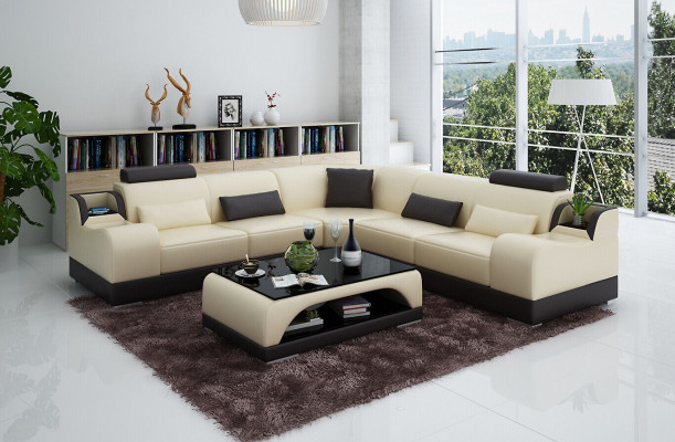 Ecksofa Couch Polster Wohnlandschaft Eck Garnitur Ecke Leder Sofa Grau