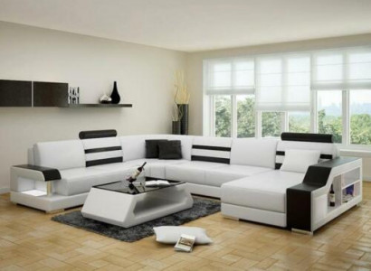 Ecksofa Wohnlandschaft U Form Sofa - Ledersofa Garnitur mit Regal Leder