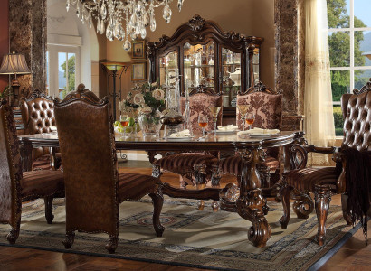 Brauner Klassischer Holz Esstisch + Chesterfield x6 Stühle Essgruppe 7tlg. Set