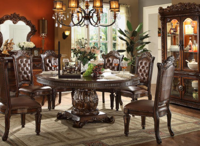 Braune Klassische Barock Esszimmergarnitur Rundtisch 6x Leder Chesterfield Stühle