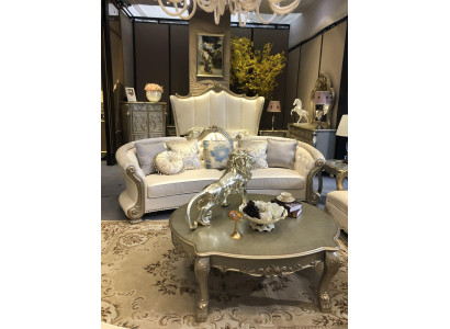 Rund Sofa Holz geschnitzte Viersitzer Couch Leder Chesterfield Wohn