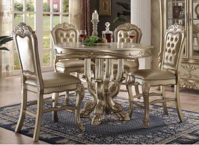 Klassischer Goldener Rund Esstisch Tisch Esszimmer Chesterfield x4 Stühle 5tlg. Garnitur 