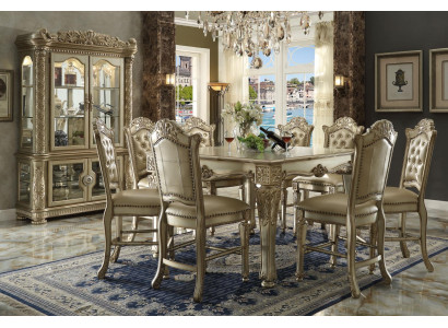 Klassisches Goldenes Esszimmer Set Rechteckiger Esstisch 8x Chesterfield Stühle Vitrine 10tlg