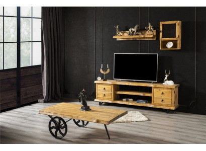 Echt Holz Wohnwand Luxus in Braun mit Couchtisch auf Rädern Rustikal Schrank