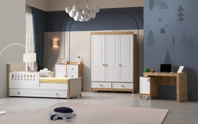 Luxuriös Kinderzimmer Set Besteht aus Bett Schrank Kommode Tisch 4tlg.