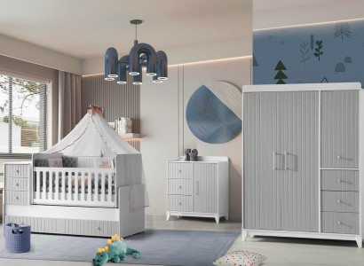 Komplett-Set für Kinderzimmer: Kommode, Kleiderschrank, Kinderbett Grau Farbe