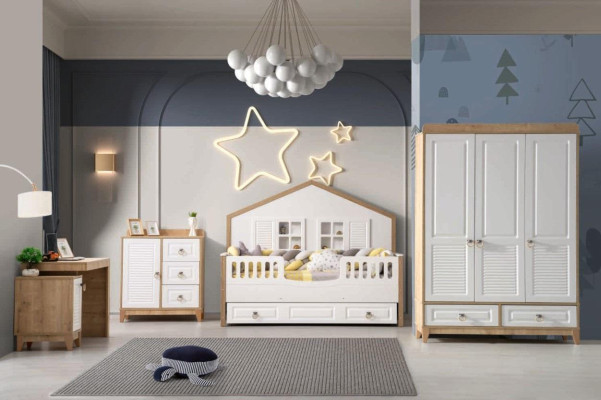Modern Kinderzimmer Set Bett Kleiderschrank Schreibtisch Helles 4tlg Neu