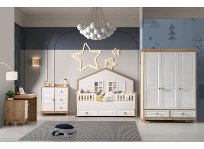 Modern Kinderzimmer Set Bett Kleiderschrank Schreibtisch Helles 4tlg Neu
