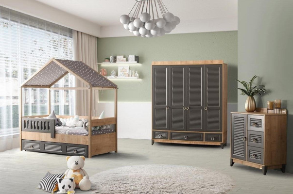 Graues Jugendzimmer Set Kinderzimmer Kommode Schrank und Bett 3tlg.