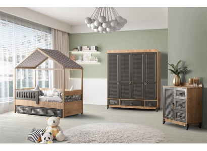 Graues Jugendzimmer Set Kinderzimmer Kommode Schrank und Bett 3tlg.
